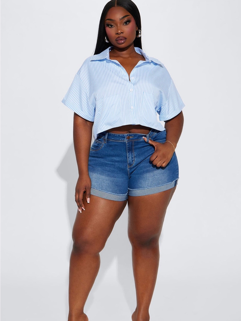 Fashion Nova Light Blue Striped Cropped Button-Up Top